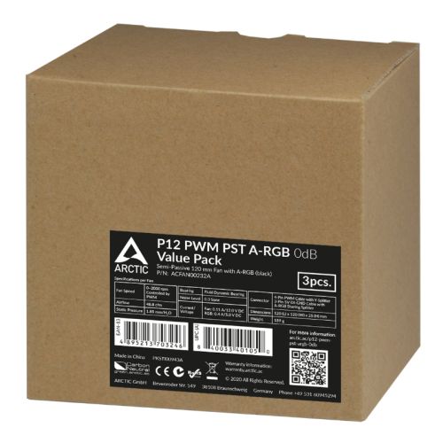 Arctic 12cm P12 Pressure Optimised PWM PST ARGB Case Fans (3 Pack), Fluid Dynamic, 12 LEDs, 0-2000 RPM, 0dB Mode, Black