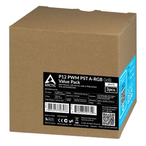 Arctic 12cm P12 Pressure Optimised PWM PST ARGB Case Fans (3 Pack), Fluid Dynamic, 12 LEDs, 0-2000 RPM, 0dB Mode, White