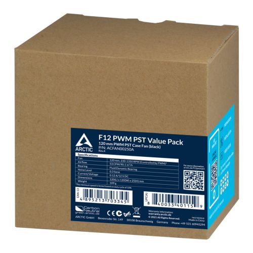 Arctic F12 12cm PWM PST Case Fan w/ Cable Splitter (5 Pack), Black, Fluid Dynamic, 230-1350 RPM