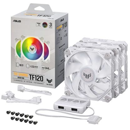 Asus TUF Gaming TF120 ARGB 12cm PWM Case Fans (3 Pack), Fluid Dynamic Bearing, Double-layer LED Array, Up to 1900 RPM, ARGB Hub included, White Edition