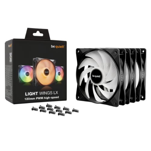 Be Quiet! (BL124) Light Wings LX 12cm PWM High-Speed ARGB Case Fans (3 Pack), Rifle Bearing, Impeller w/ 16 LEDs, Daisy-Chain, Up to 2100 RPM, Black