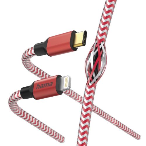 Hama Reflective Charging USB-C to Lightning Cable, 480Mbps, Nylon Sheath, Gold-Plated, 1.5 Metre, Red, MFI Certified