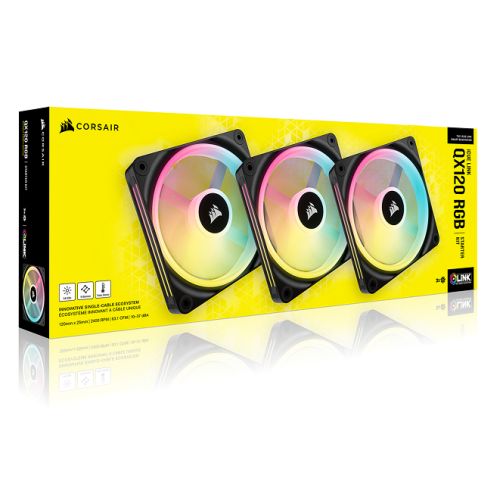 Corsair iCUE LINK QX120 12cm PWM RGB Case Fans (3 Pack), 34 RGB LEDs, Magnetic Dome Bearing, 2400 RPM, iCUE LINK Hub Included, Black