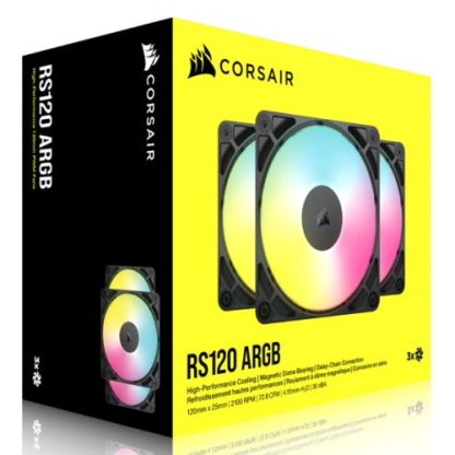 Corsair RS120 ARGB PWM 12cm Case Fans (3 Pack), Magnetic Dome Bearing, Daisy-Chain 4-Pin, 2100 RPM, AirGuide Tech, Black