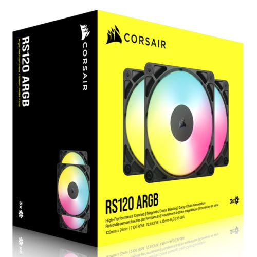 Corsair RS120 ARGB PWM 12cm Case Fans (3 Pack), Magnetic Dome Bearing, Daisy-Chain 4-Pin, 2100 RPM, AirGuide Tech, Black