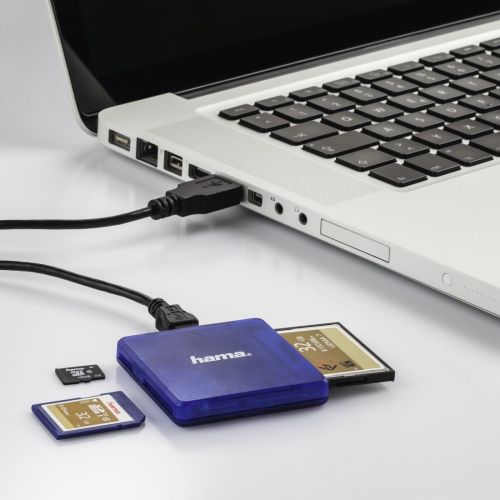 Hama External USB 2.0 Multi-Card Reader, SD/microSD/CF, Blue, USB Powered