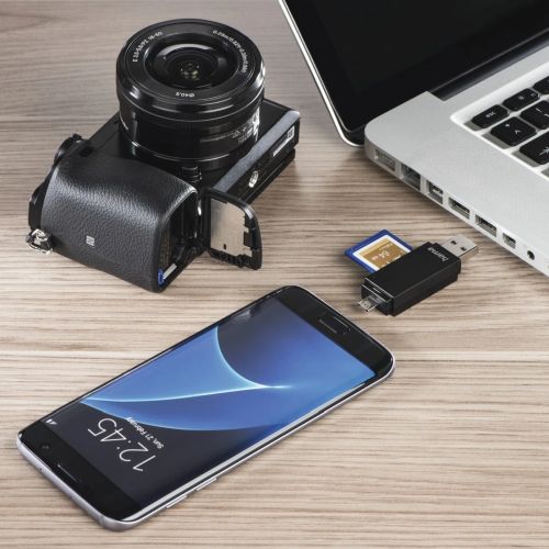 Hama Basic External USB 2.0 OTG Card Reader, USB-A + Micro B, SD/microSD, Black, USB Powered