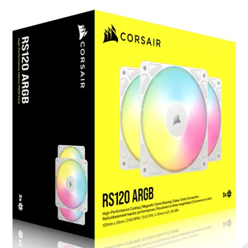 Corsair RS120 ARGB PWM 12cm Case Fans (3 Pack), Magnetic Dome Bearing, Daisy-Chain 4-Pin, 2100 RPM, AirGuide Tech, White