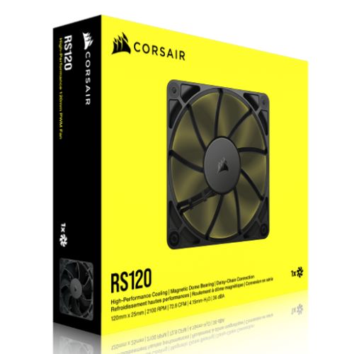 Corsair RS120 PWM 12cm Case Fan, Magnetic Dome Bearing, Daisy-Chain 4-Pin, 2100 RPM, AirGuide Tech, Black