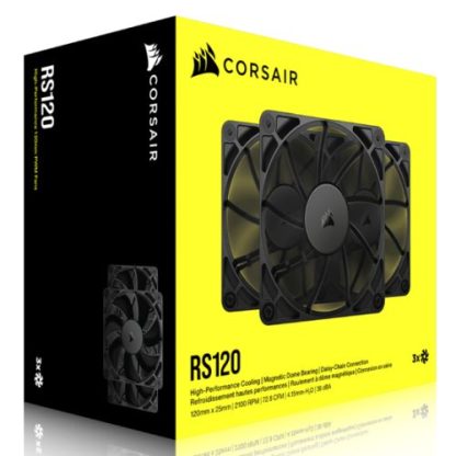 Corsair RS120 PWM 12cm Case Fans (3 Pack), Magnetic Dome Bearing, Daisy-Chain 4-Pin, 2100 RPM, AirGuide Tech, Black