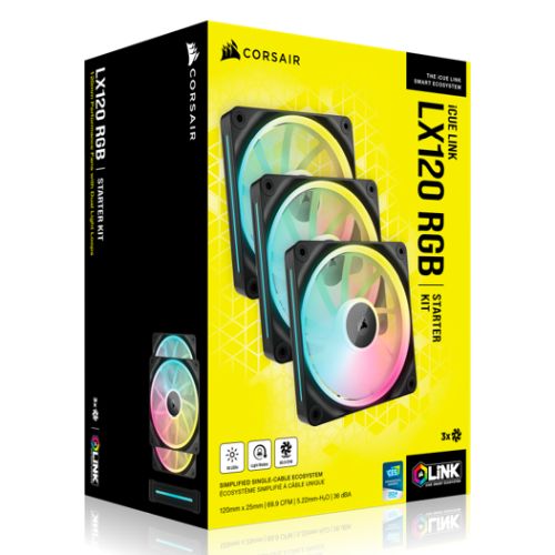 Corsair iCUE LINK LX120 12cm PWM RGB Case Fans (3-Pack), 18 RGB LEDs, Magnetic Dome Bearing, 2400 RPM, iCUE LINK Hub Included, Black