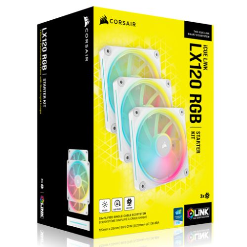 Corsair iCUE LINK LX120 12cm PWM RGB Case Fans (3-Pack), 18 RGB LEDs, Magnetic Dome Bearing, 2400 RPM, iCUE LINK Hub Included, White