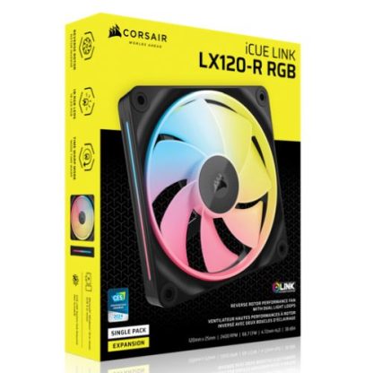 Corsair iCUE LINK LX120-R 12cm PWM Reverse Blade RGB Case Fan, 18 RGB LEDs, Magnetic Dome Bearing, 2400 RPM, Black, Single Fan Expansion Kit