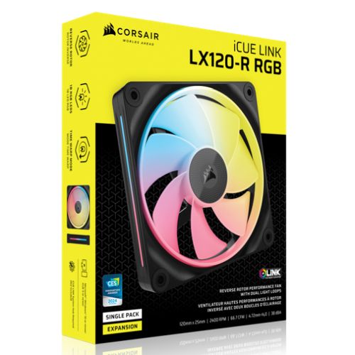 Corsair iCUE LINK LX120-R 12cm PWM Reverse Blade RGB Case Fan, 18 RGB LEDs, Magnetic Dome Bearing, 2400 RPM, Black, Single Fan Expansion Kit