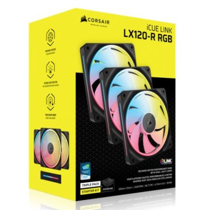 Corsair iCUE LINK LX120-R 12cm PWM Reverse Blade RGB Case Fans (3-Pack), 18 RGB LEDs, Magnetic Dome Bearing, 2400 RPM, iCUE LINK Hub Included, Black