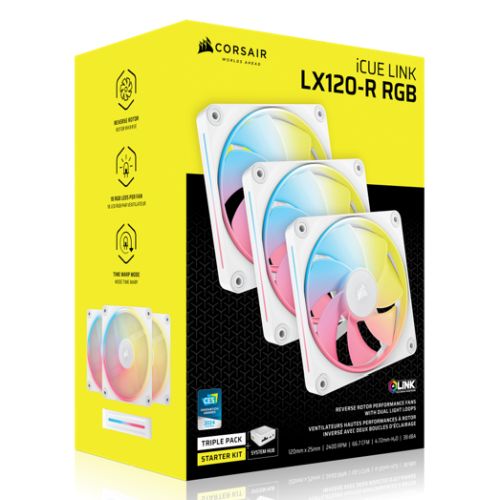 Corsair iCUE LINK LX120-R 12cm PWM Reverse Blade RGB Case Fans (3-Pack), 18 RGB LEDs, Magnetic Dome Bearing, 2400 RPM, iCUE LINK Hub Included, White