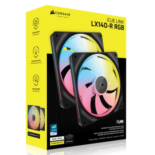 Corsair iCUE LINK LX140-R 14cm PWM Reverse Blade RGB Case Fans (2-Pack), 18 RGB LEDs, Magnetic Dome Bearing, 2000 RPM, iCUE LINK Hub Included, Black