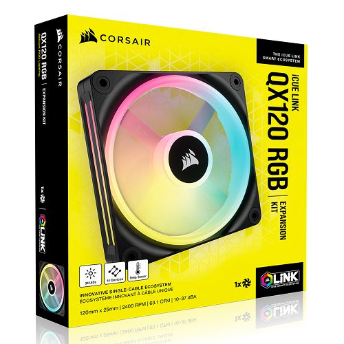 Corsair iCUE LINK QX120 12cm PWM RGB Case Fan, 34 RGB LEDs, Magnetic Dome Bearing, 2400 RPM, Black, Single Fan Expansion Kit