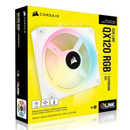 Corsair iCUE LINK QX120 12cm PWM RGB Case Fan, 34 RGB LEDs, Magnetic Dome Bearing, 2400 RPM, White, Single Fan Expansion Kit