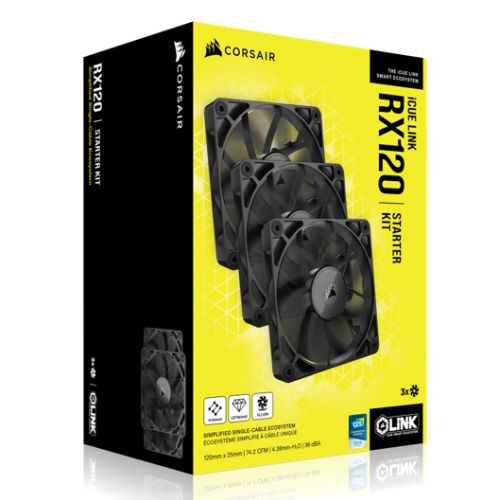 Corsair iCUE LINK RX120 12cm PWM Case Fans (3 Pack), Magnetic Dome Bearing, 2100 RPM, iCUE LINK Hub Included, Black