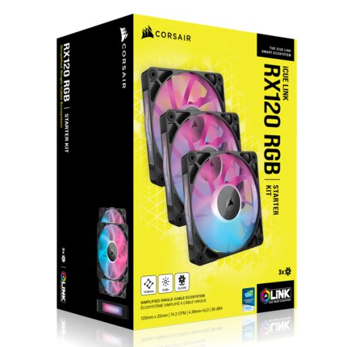 Corsair iCUE LINK RX120 RGB 12cm PWM Case Fans (3 Pack), 8 ARGB LEDs, Magnetic Dome Bearing, 2100 RPM, iCUE LINK Hub Included, Black