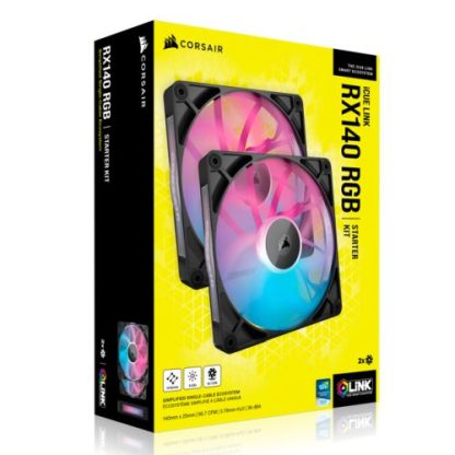 Corsair iCUE LINK RX140 RGB 14cm PWM Case Fans (2 Pack), 8 ARGB LEDs, Magnetic Dome Bearing, 1700 RPM, iCUE LINK Hub Included, Black