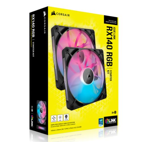 Corsair iCUE LINK RX140 RGB 14cm PWM Case Fans (2 Pack), 8 ARGB LEDs, Magnetic Dome Bearing, 1700 RPM, iCUE LINK Hub Included, Black