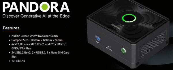 Palit Pandora NVIDIA Jetson Orin NX 16GB Super Mini AI Computer, 8-Core Arm CPU, 16GB DDR5, 128G SSD, 1024-Core Ampere GPU, Ubuntu