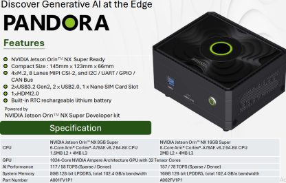 Palit Pandora NVIDIA Jetson Orin NX 16GB Super Mini AI Computer, 8-Core Arm CPU, 16GB DDR5, 128G SSD, 1024-Core Ampere GPU, Ubuntu