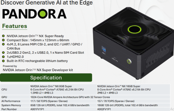 Palit Pandora NVIDIA Jetson Orin NX 16GB Super Mini AI Computer, 8-Core Arm CPU, 16GB DDR5, 128G SSD, 1024-Core Ampere GPU, Ubuntu