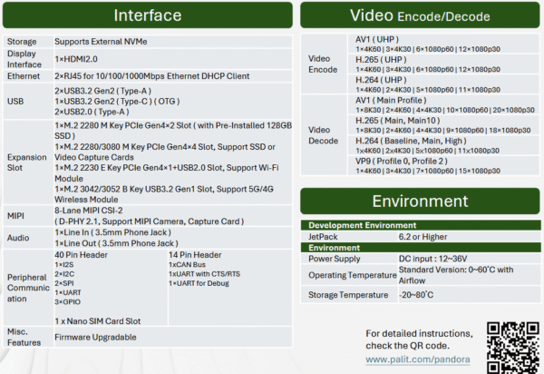 Palit Pandora NVIDIA Jetson Orin NX 16GB Super Mini AI Computer, 8-Core Arm CPU, 16GB DDR5, 128G SSD, 1024-Core Ampere GPU, Ubuntu