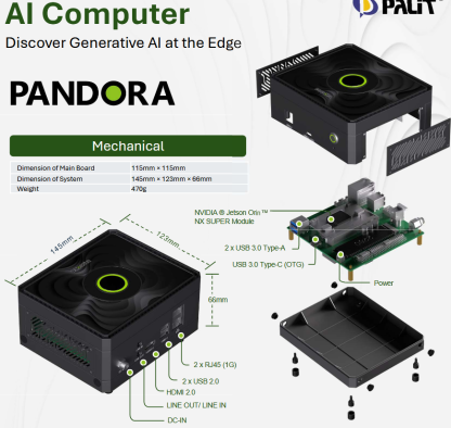 Palit Pandora NVIDIA Jetson Orin NX 16GB Super Mini AI Computer, 8-Core Arm CPU, 16GB DDR5, 128G SSD, 1024-Core Ampere GPU, Ubuntu