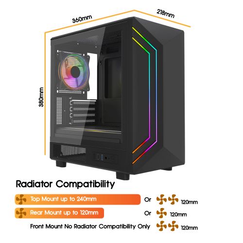 Vida Apollo M Black ARGB Gaming Case w/ Glass Window, Micro ATX, Rear ARGB Infinity Fan, Front LED Strips