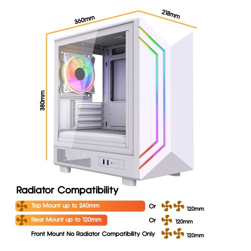 Vida Apollo M White ARGB Gaming Case w/ Glass Window, Micro ATX, Rear ARGB Infinity Fan, Front LED Strips