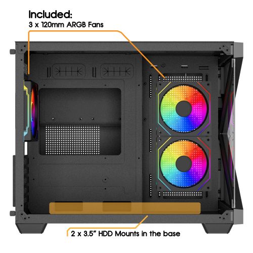 Vida Arcade Black ARGB Gaming Case w/ Glass Side & Glass/Mesh Front, Micro ATX, ARGB Strips, 3x ARGB PWM Fans, 6-Port ARGB Fan Hub & Remote Control