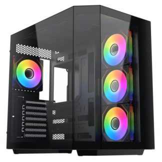 Vida Edge Black ARGB Gaming Cube Case w Glass Side, Front & Corner, ATX, 4x ARGB PWM Fans, 6-Port Fan Hub & Remote Control, Asus BTF Compatible