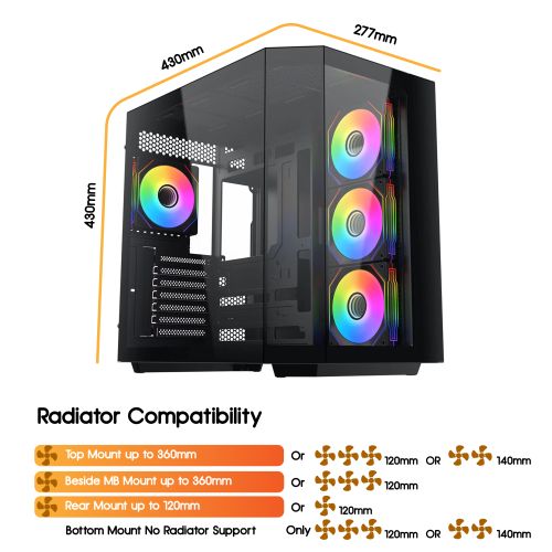 Vida Edge Black ARGB Gaming Cube Case w/ Glass Side, Front & Corner, ATX, 4x ARGB PWM Fans, 6-Port Fan Hub & Remote Control, Asus BTF Compatible