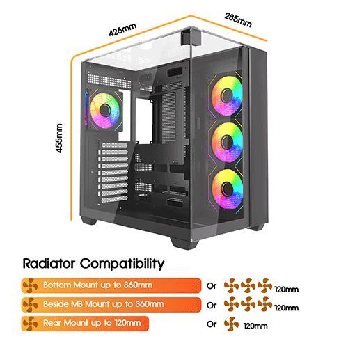 Vida Visio Black ARGB Gaming Cube Case w/ Glass Side, Front & Top, ATX, 4x ARGB PWM Fans, 6-Port Fan Hub & Remote Control, USB-C, Asus BTF Compatible