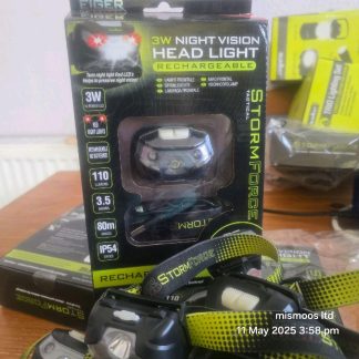 Illuminate your outdoor adventures with the robust Storm Force Tactical 3w Head Light, a reliable companion for all your night-time escapades. Constructed with a sturdy blend of materials including ABS, metal, and rubber, this torch is designed to withstand the rigours of camping and hiking. The sleek black design is not just about aesthetics; it's built for practicality and ease of use in any environment. The head light boasts an impressive 110-lumen output, ensuring a clear vision of your path up to 80 metres away. With an operating time ranging between 1 to 5 hours, depending on the setting, and an IP54 rating for water and dust resistance, this Summit brand torch is equipped to handle the elements. It comes complete with batteries, a convenient clip-on feature, and a wrist strap for secure and hands-free operation. Button 1: Twin Function Switches Single press 100% White led Second press 75% White led Third press flashing White led Fourth, press all off. Button 2: Single press - 100% Red Leds Second press - flashing red leds Third press - all off Buttons glow in the dark. Adjustable light angle to 90° Including USB cable don't need high powerful recharge input recharge start by 0.2 amps ideal by charging by low power soler panels. Please beware by normale charging ( 0.4 by 5 volt))full by 2 - 4 hr