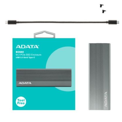 ADATA EC680 M.2 NVMe SSD Enclosure, PCIe Gen3, USB 3.2 Gen2 Type-C, Tool-less Installation