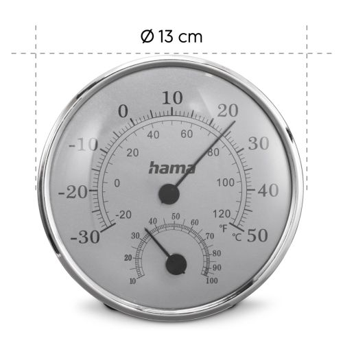 Hama (Saipan) Analogue Thermo/Hygrometer - Thermometer, Hygrometer, Comfort Indicator, Stainless Steel, Silver/Grey