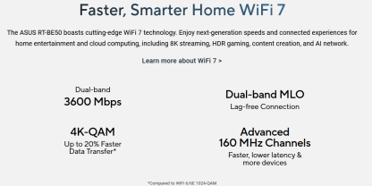 Asus (RT-BE50) BE3600 Dual Band Wi-Fi 7 Smart AiMesh Extendable Router, 2.5G WAN, 3x GB LAN, MLO, 4K-QAM, IoT Network