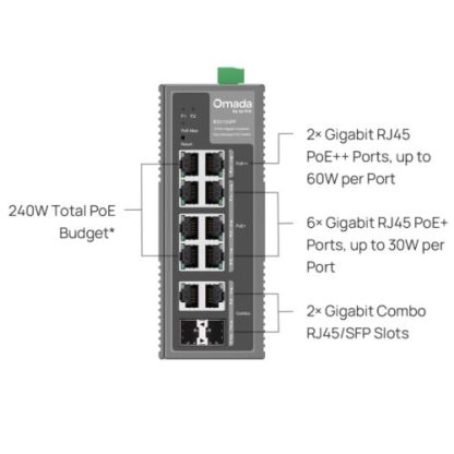TP-LINK (IES210GPP) Omada 10-Port Gigabit Industrial Easy Managed Switch with 6-Port PoE+ and 2-Port PoE++, 2x Combo RJ45 SFP, IP40 Aluminium Casing