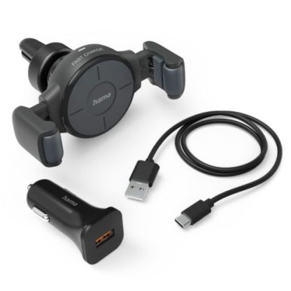 Hama FC10 Flex-Set Wireless Smartphone Charger, Fast Charge up to 10W, Tilt, 360° Rotate, Grill Clip, Grey