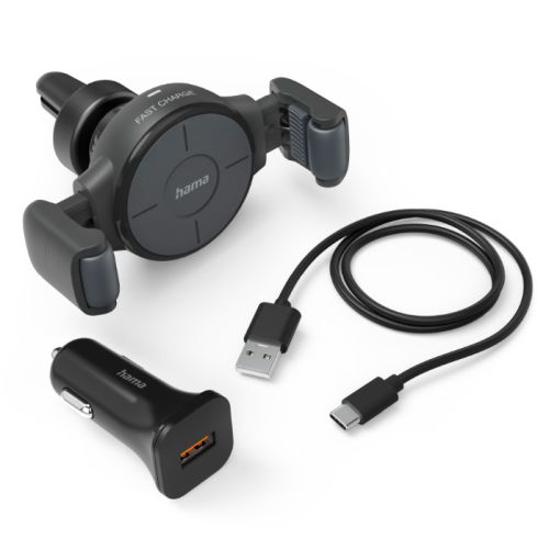 Hama FC10 Flex-Set Wireless Smartphone Charger, Fast Charge up to 10W, Tilt, 360° Rotate, Grill Clip, Grey