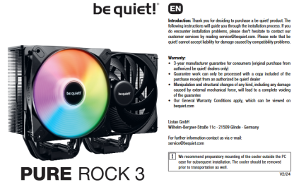 Be Quiet! BK040 Pure Rock 3 LX ARGB Heatsink & Fan, Intel & AMD Sockets, Light Wings LX ARGB Fan, 4 High-Performance Heatpipes, 190W TDP