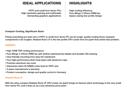 Be Quiet! BK002 Shadow Rock LP Heatsink & Fan, Intel & AMD Sockets, Pure Wings 2 Fan, Low Profile, 130W TDP