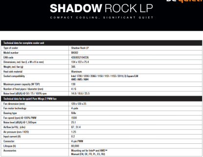 Be Quiet! BK002 Shadow Rock LP Heatsink & Fan, Intel & AMD Sockets, Pure Wings 2 Fan, Low Profile, 130W TDP
