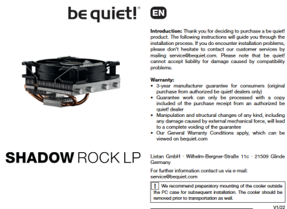 Be Quiet! BK002 Shadow Rock LP Heatsink & Fan, Intel & AMD Sockets, Pure Wings 2 Fan, Low Profile, 130W TDP