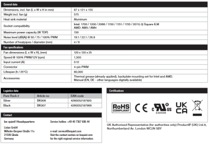 Be Quiet! BK006 Pure Rock 2 Heatsink & Fan, Intel & AMD Sockets, 12cm PWM Fan, 150W TDP